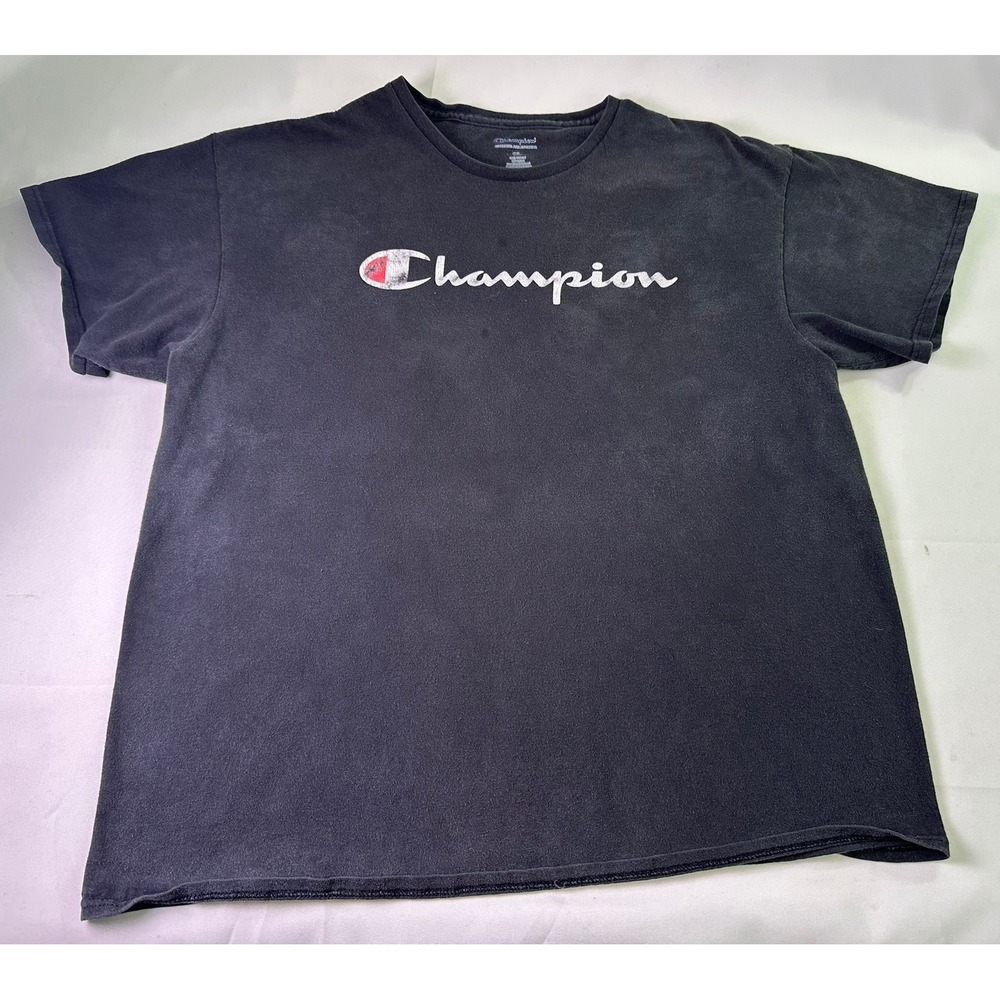 Champion Authentic Athleticwear Shirt Men 1XL Black Distressed Spellout Logo Tee